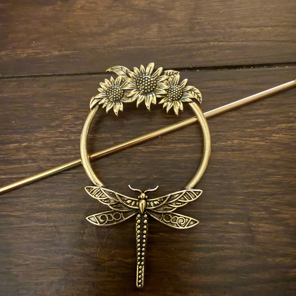 Gold Dragonfly Sunflower Hair Pin - Picture 4 of 4